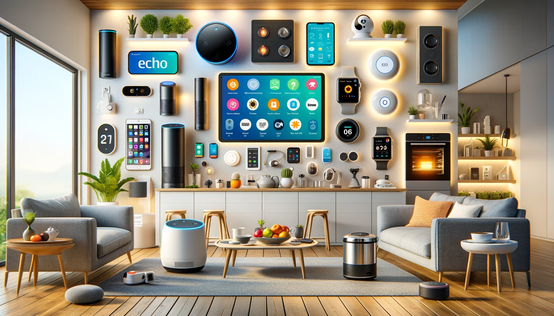 A modern living room filled with various smart home devices. Smart home of the future